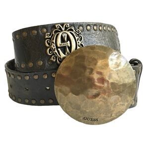 Vintage Guess Brown Leather Belt Studded Grunge Riveted Womens Bronze Size S/M